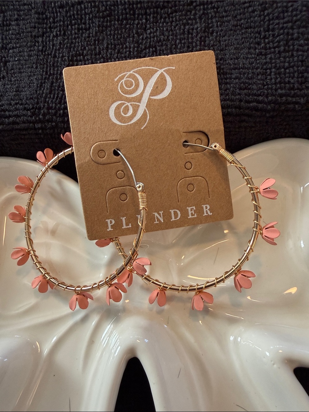 Plunder Gold Hoops with Pink Petal Charms